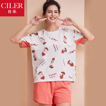 Shile women cotton cartoon print home suit summer thin sleeve Capri pants pajamas womens two-piece set