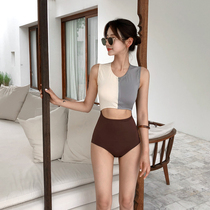  Swimsuit feminine Korean ins style retro simple temperament high waist bikini small chest gathered hot spring swimming suit