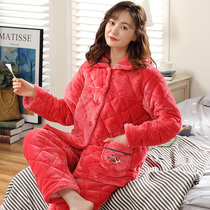 Pajamas women winter three-layer padded cotton coral fleece can wear velvet warm size 200kg mother suit