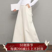 Lower Garment-Chinese Retro Art 100 Hitch Autumn Winter New Tea Suit Zen-thickened double-layered wool woollen sweatpants