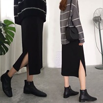 Large Code Knit Half Body Dress Woman Spring Autumn New medium Long paragraph Fat mm high waist Xianthin A character open fork One step skirt