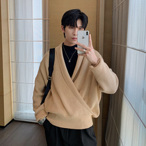 Hualun Autumn Winter Japanese Vintage Sweater Men Tide Ins Boys Lazy Wind Pullover Half Cardigan Deep V-Neck Knit Shirt