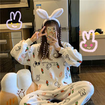 Pajamas women 2020 winter Korean cartoon rabbit long-sleeved thickened velvet suit ins wind flannel home wear 1