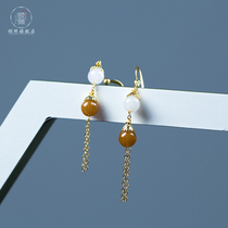 Shuozhao national wind design plated 14K gold two-color emerald beads tassel ear hook drop earrings modify face temperament female