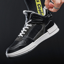 Mens shoes autumn new leather high-top shoes tide sports shoes casual shoes mid-top layer cowhide board shoes mens autumn and winter