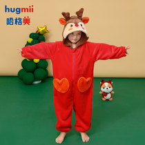 hugmii dinosaur pajamas childrens conjoined coral velvet autumn and winter boys and girls thick cute animal home clothes