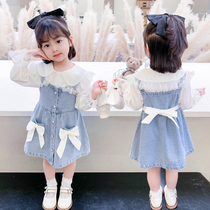 2022 new girls dress suit Spring autumn new children Korean version Vest Denim Dress Doll Collar Princess Dress