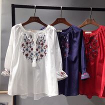 2021 Spring Summer New Retro National Wind Embroidery Full Cotton Shirt Woman Loose Big Code Round Collar 70% Sleeve Blouse