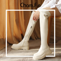 White knee boots women autumn and winter plus velvet thick-soled elastic skinny boots leather low-heeled rider boots 562J
