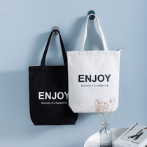 Shoulder canvas bag zipper mouth portable shopping bag environmental protection bag female student schoolbag cartoon letter ins style simple