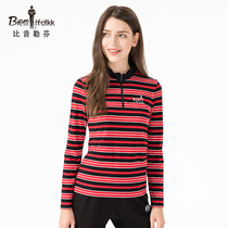 Biyin Lefen Long Sleeve Womens T-shirt Autumn Striped Embroidered Pullover Long Sleeve Elastic Comfortable Top