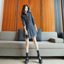 Autumn dress French retro niche temperament waist thin chic design sense first love age reduction denim mesh dress