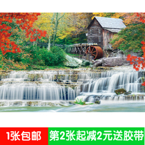 Home decoration landscape waterfall landscape poster painting living room without back glue wall stickers red leaves old house running water 7737
