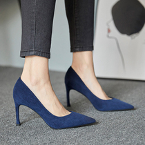 Pointed single shoes womens 2021 New Korean blue high heels female heel sexy Joker shallow professional work shoes