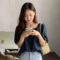 Early summer blue puff sleeve top short-sleeved shirt square collar French temperament princess style Dongdaemun womens clothing