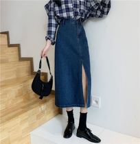 2021 Spring and Autumn new split denim skirt womens high waist slim long cover crotch heart machine bag hip long skirt