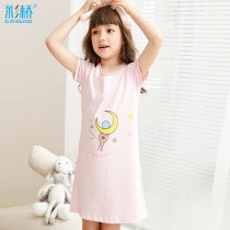 Girls Nightdress Spring and Autumn Cotton Short Sleeve Princess Style Summer Baby Home Clothes Girls Childrens Pajamas Big Children Thin