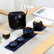 Craftsmans new ceramic Kung Fu tea set Black pottery quick cup Simple portable outdoor travel tea set Tea cup set