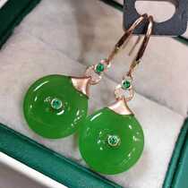 18k thick gold inlaid with natural Xinjiang and Tian Biu jade apple cider green and green peace buckle ear pendant ice bottom emerald green female ear hook