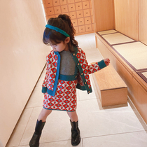 Children's Knitted Skirt Set Spring and Autumn Girls Foreign Style Net Red Sweater Cardigan Belt Skirt Korean Baby Two-Piece Set