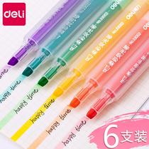 Deli highlighter 6 soft color axe-shaped large oblique pen Candy colorful water smooth thickness line width transparent matte triangle pen Mark number Key eye-catching hand account graffiti