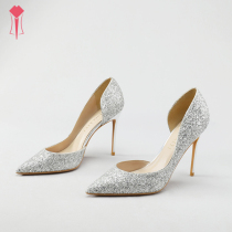 Qinglaiyi new spring sequin shallow mouth side empty high heels design sense pointed heel single shoes bridal bridesmaid shoes