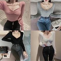 Slim fit inner tie base shirt womens fashion ins net Red square collar exposed collarbone long-sleeved T-shirt womens top