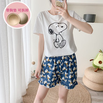 Short-sleeved pure cotton pajamas womens summer round neck cute cartoon Snoopy students can wear home clothes suits