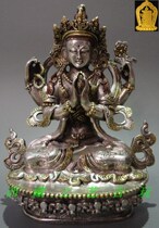  Tibet Nepal pure silver gilt Four-armed Guanyin Buddha statue
