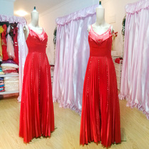 Spot dress red V-collar long dress suspenders nail beads toast evening dress host dress