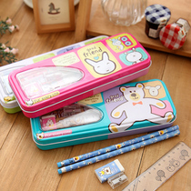 Childrens prize gift cute animal 2-layer stationery box set 5-piece pencil box cartoon double-layer pen box with Pencil Ruler Pencil sharpener