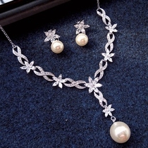 Bride Jewelry Korean Set Wedding Jewelry Accessories Dress Evening Party Rhinestone Zircon Pearl Necklace E