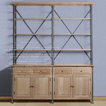 loft American wrought iron bookshelf bookcase retro old display rack storage rack Living room floor solid wood shelf