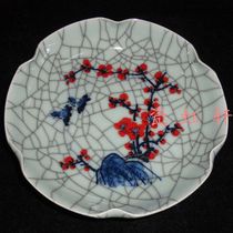 Jingdezhen Cultural Revolution Factory goods porcelain hand painted green flower glazed red open sheet Plum Lotus Leaf Lotus Leaf Pan of the Old