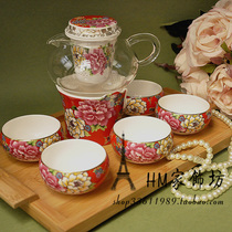 Loss Chinese Red Chinese Peony Ceramic Afternoon Tea Gift Box Bone China Teapot Heater 5 people cups Bamboo tray
