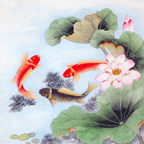 Pure hand painted manuscript True handwriting work calligraphy and painting National painting decoration painting 4-ruler hopper square work pen lotus fish