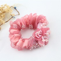 Tie hair silk flower hair accessories Korean headwear fabric silk yarn mesh crystal beaded Hairband headwear hair rope hair accessories