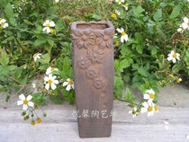 European style quaint ceramic vase Red brown relief square old vintage countertop vase foreign trade flower vase