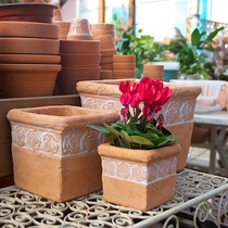 Fall in love with the garden) hand pressed pottery basin breathable balcony red pottery flower pot rose ring mouth square pot