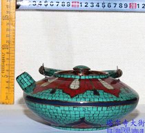 Tibetan butter tea nai cha hu height 7cm turquoise stitching handmade ornaments