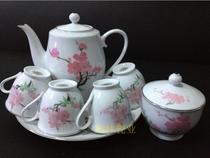 Liling Qunli old porcelain-hand-painted Plum bamboo 7-head tea set butterfly 70 s produced in the 70s