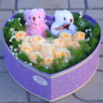  Champagne rose heart-shaped gift box to send bear birthday gift flowers Shanghai same city flower express Order flowers to buy flowers