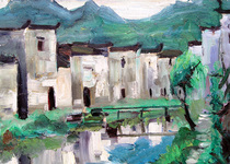 Beauty Institute Scenery Oil Painting Original Wooden Board Oil Painting Scenery of Anhui Hongcun Jiangxi Wuyuan Lower Township Writing and Creation