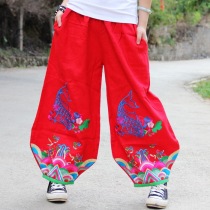 New womens trousers ethnic style womens cotton linen embroidered carp bloomers trousers wide legs womens trousers