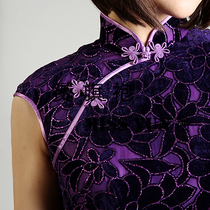 Summer dress new elegant dark purple silk rotten flowers velvet fashion Shanghai style short cheongsam can be customized in long sleeves