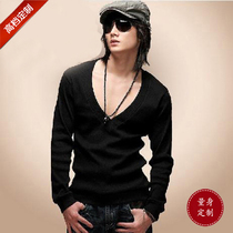Spring dress new mens T-shirt long sleeve big V collar fashion undershirt pure cotton tight tide mens big code set to customize