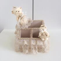 Korean rice white embroidery fabric remote control storage box lace bear cosmetic box desktop pen holder storage box