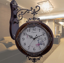 Special European-style solid wood double-sided wall clock antique mute large quartz clock living room wall clock creative clock