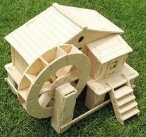 Wooden stereo high simulation model-water grinding cabin Four-link DIY wood assembled puzzle wooden house
