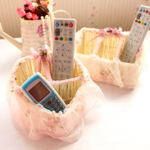 Pastoral lace remote control basket powder rose remote control storage basket cosmetics sundries storage heart Square